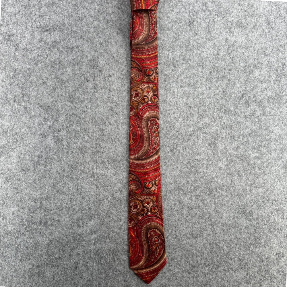 Cades Tie Mens OS Paisley Red Brown Retro Skinny EUC